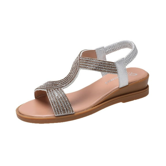 Silver Women Comfort Sandals Round Toe Open Toe Silver Rhinestone Elastic Strap For Daily Wear