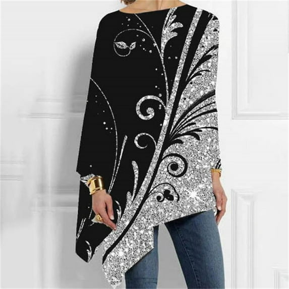 Silver Women Plus Size Shirt, Polyester Plus Size for Women Blouses, Long Sleeve Printed Plus Size Tops Shirt, Women'S Plus Size Summer Tops, Floral Weekend Flower Plus Size Shirts Women