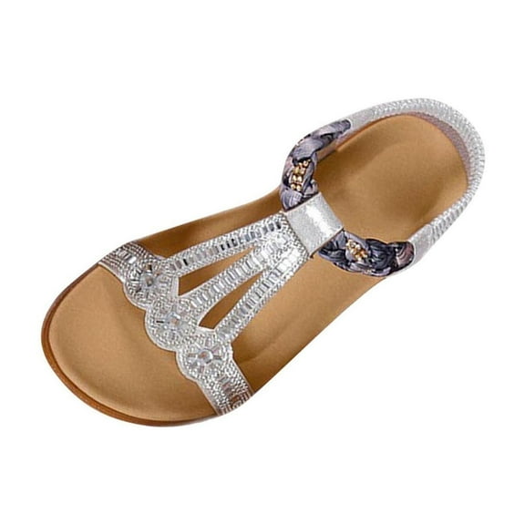 Silver Women'S Bohemian Style Flat Sandals With Silver Tone Rhinestone Elasticized Back Strap Round Open Toe