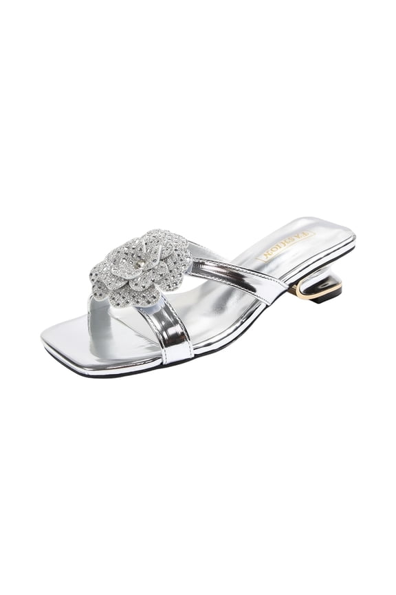 Silver Women'S Flower Peep Toe, Crystal Heel Sandals Plus Size