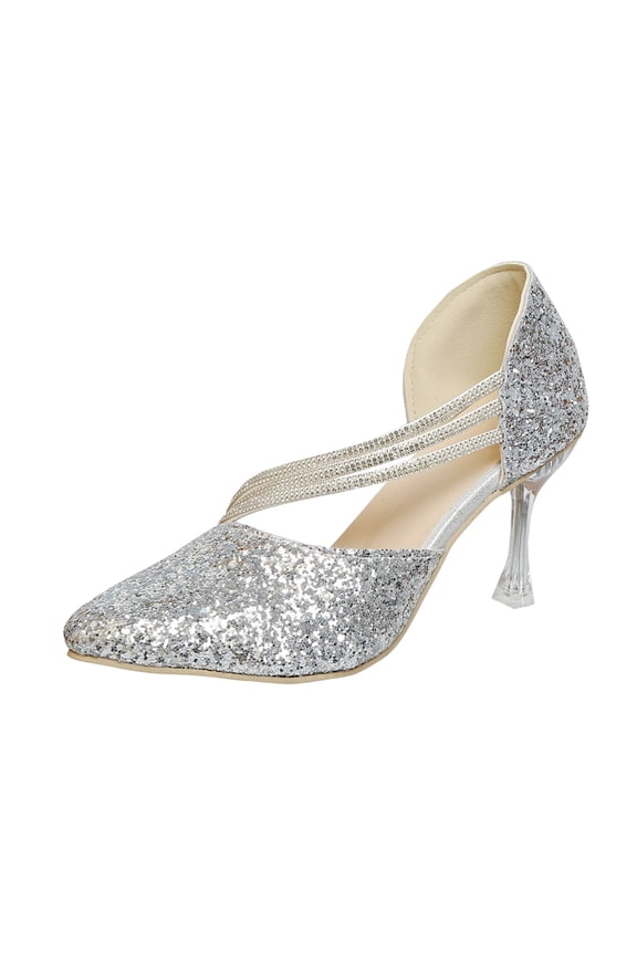 Silver Women'S Rhinestone Design Wedding Dress High Heels Two-Way Wear Summer Fall Comfortable Walking Pu Material