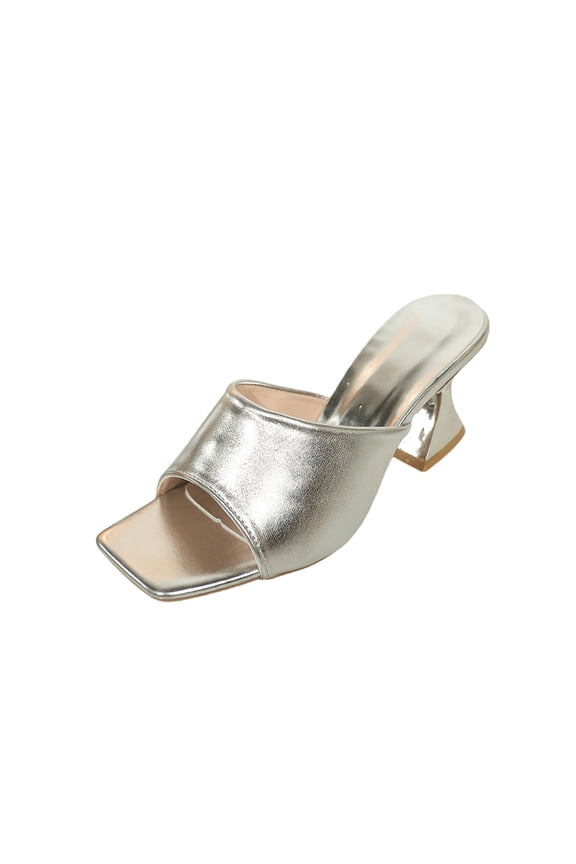 Silver Women'S Slide Sandals Square Toe Open Toe Heel Design Stiletto Heel Comfortable Lightweight Beach Footwear For Outdoor Casual Daily Wear Size 36