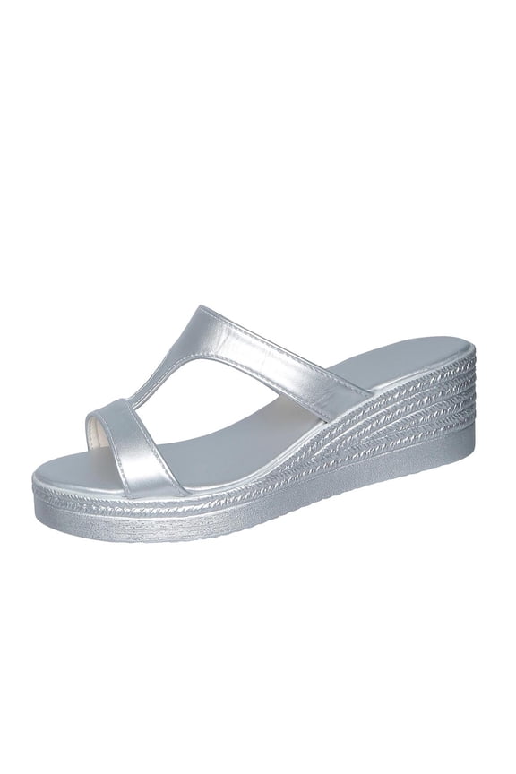 Silver Women'S Wedge Heel Slides Open Toe Thick Sole Solid Color Breathable Non-Slip Wear-Resistant Outdoor Footwear For Summer Daily Casual Wear Size 41