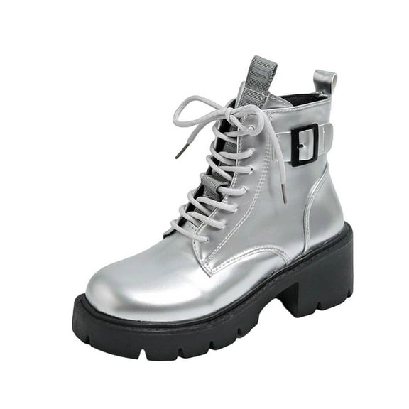 Silver Women Side Zipper Ankle Boots Round Toe Front Lace Up Chunky Heel Mid Heel Solid Color Casual Winter Style