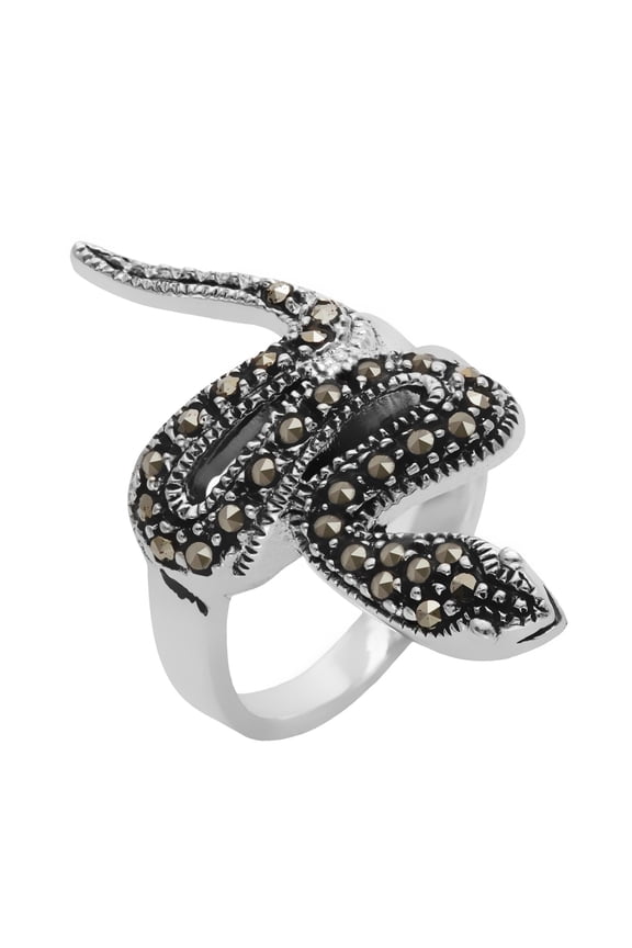 Silver Women's 925 Sterling Silver Oxidized Simulated Marcasite Coiled Snake Serpent Ring