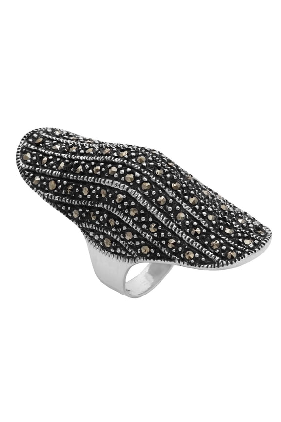 Silver Women's 925 Sterling Silver Oxidized Simulated Marcasite Long Oval Curved Shield Ring