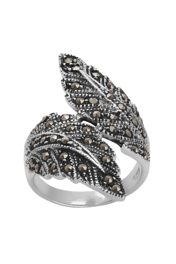 Silver Women's 925 Sterling Silver Oxidized Simulated Marcasite Overlapping Feather Ring