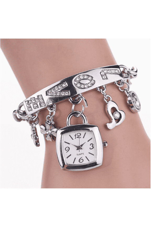 Silver Women's Bracelet Watch LOVE Letter Alloy Quartz Watch Floral Tonyva Dress Watch Women's Exquisite Casual Watch Stainless Steel Bracelet Watch Bangle Watch Fashion Women's Quartz Watch