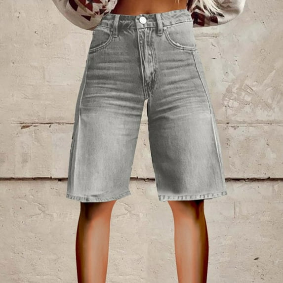 Silver Women's Jeans Flare Denim Shorts for Women Wide Leg Denim Shorts Woman Vintage Floral Print High Waisted Straight Pants with Pockets