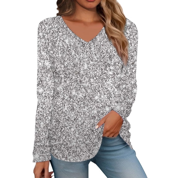 Silver Women's Long Sleeve T-shirt, Women'S Fashionable V Neck Glitter Gradient Printed V Neck Top T Shirt XXL