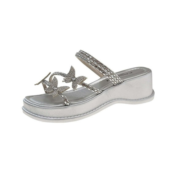 Silver Womens Comfortable Wedge Heel Sandals With Rhinestone Accent Breathable Design In Silver For Summer