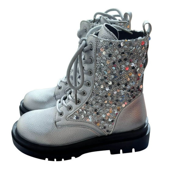 Silver Womens Elegant And Casual British Style Versatile Thick Sole Sequin Fine Sparkling Round Toe Lace Up Boots For Fashion