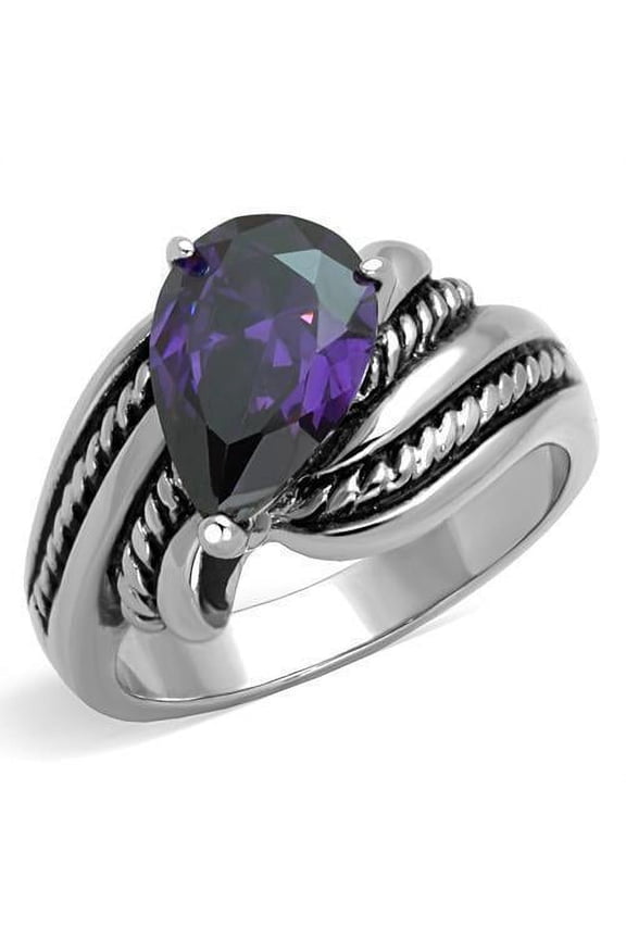 Silver Womens Ring Anillo Para Mujer Stainless Steel Ring with AAA Grade CZ Dark Amethyst