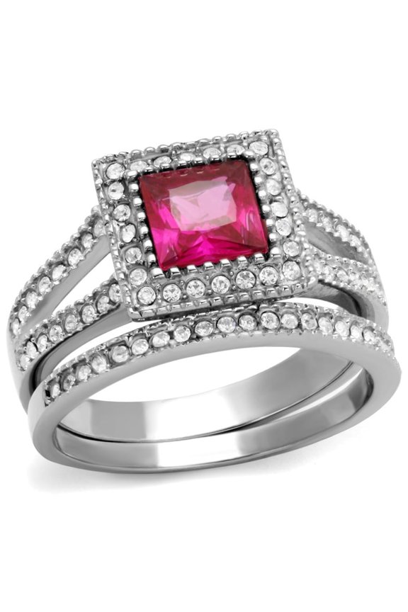 Silver Womens Ring Anillo Para Mujer Stainless Steel Ring with AAA Grade CZ in Ruby