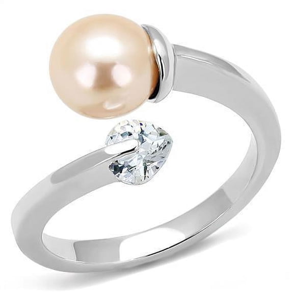 Silver Womens Ring Anillo Para Mujer Stainless Steel Ring with Synthetic Pearl in Light Peach