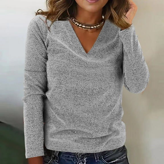 Silver Womens Shirts Trendy, Polyester Womens Shirts Summer, Long Sleeve T-Shirts for Women, Plain T Shirts for Women, Sequin Casual Tops for Women, Weekend Solid Color Tee Shirts for Women Loose Fit