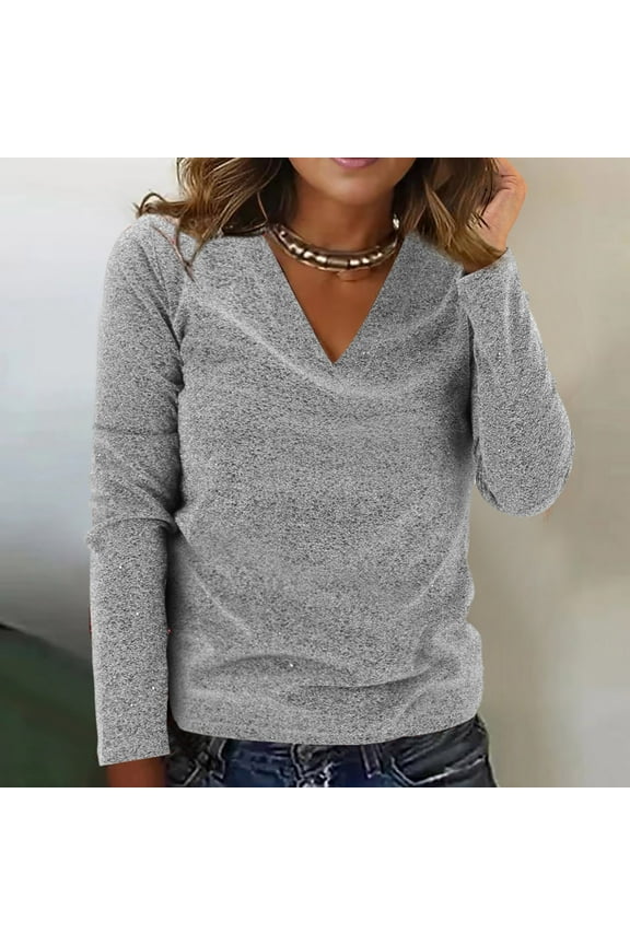 Silver Womens Shirts Trendy, Polyester Womens Shirts Summer, Long Sleeve T-Shirts for Women, Plain T Shirts for Women, Sequin Casual Tops for Women, Weekend Solid Color Tee Shirts for Women Loose Fit