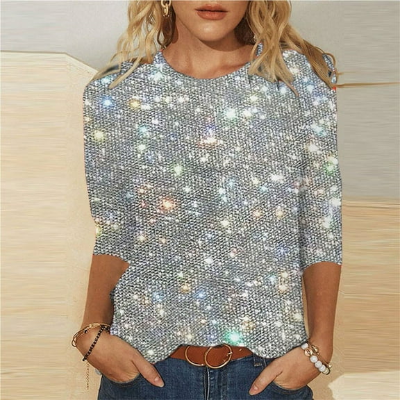 Silver Womens Tops Long Sleeve Sparkly Shirts for Women Casual Crewneck Fall Glitter Tops Loose Fit Fashion Shiny Graphic Blouse Shirts for Women
