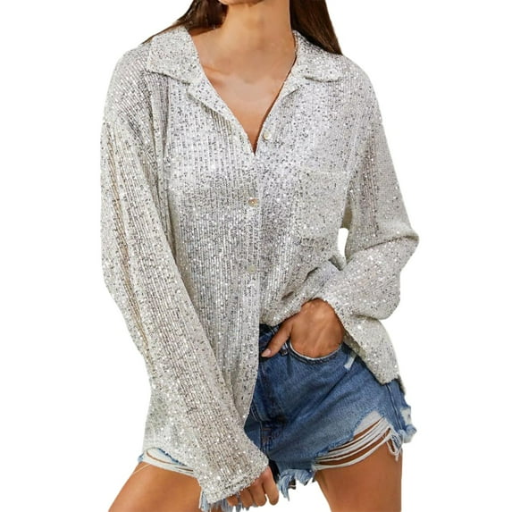 Silver Womens Tops Women's Long Sleeve Fashionable Sequin Lapel Solid Color Casual Shirts for Women