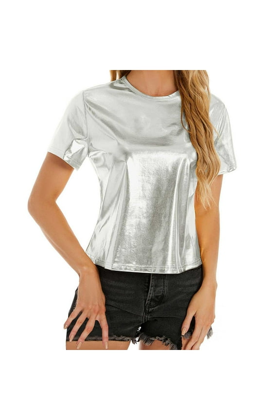 Silver Womens Tops Women's Spring Summer Metallic Glossy Round Neck Loose Casual T Shirts for Women