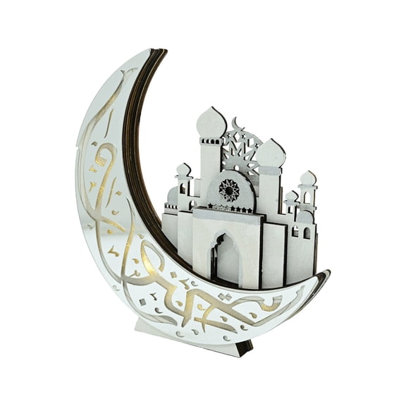 Silver Wooden Eid Mubarak Table Lamp With Castle Crescent Design Silver Ramadan Decoration Night Light 8.1X7.9X1.2Inch