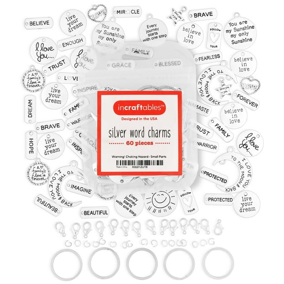 Silver Word Charms Bulk (60 Pcs) with Clasps & Rings for Jewelry Making by Incraftables