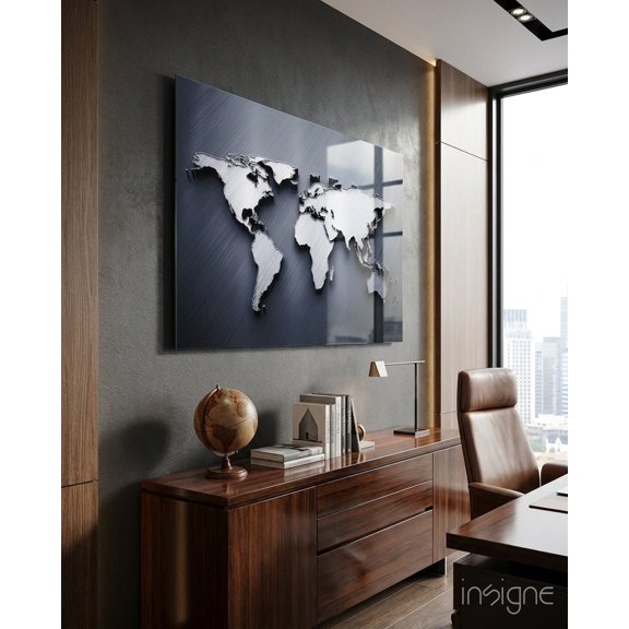 Silver World Map Glass Wall Art
