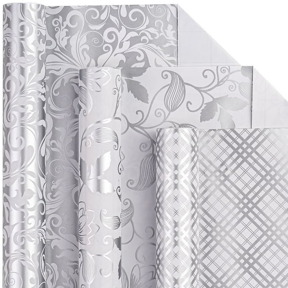 Silver Wrapping Paper Roll - Mini Roll - Floral/ Bellflower/ Plaid for Wedding, Bridal Shower, Birthday - 17 x 120 inches - 3 Rolls (42.5 sq.ft.ttl.)
