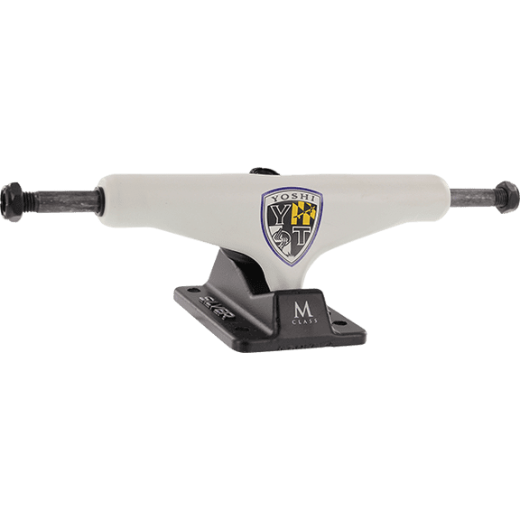 Silver Yoshi Pro M-Hollow Off White / Black Skateboard Trucks - 5" Hanger 7.75" Axle (Set of 2)