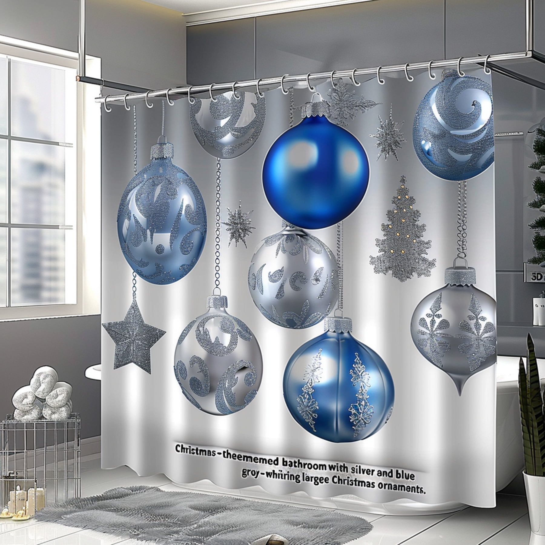 Silver and Blue Christmas Ornaments Shower Curtain for Festive Bathroom