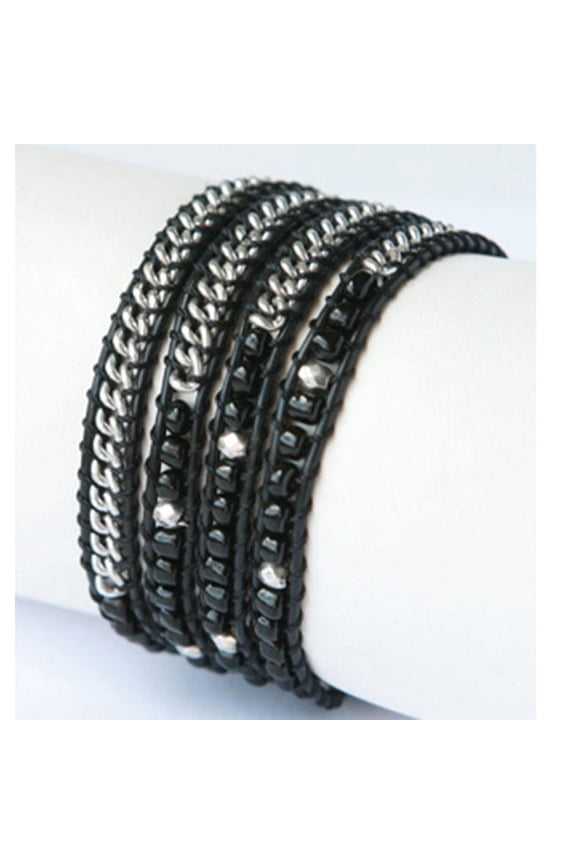 Silver and Leather Black Beaded Wrap Bracelet