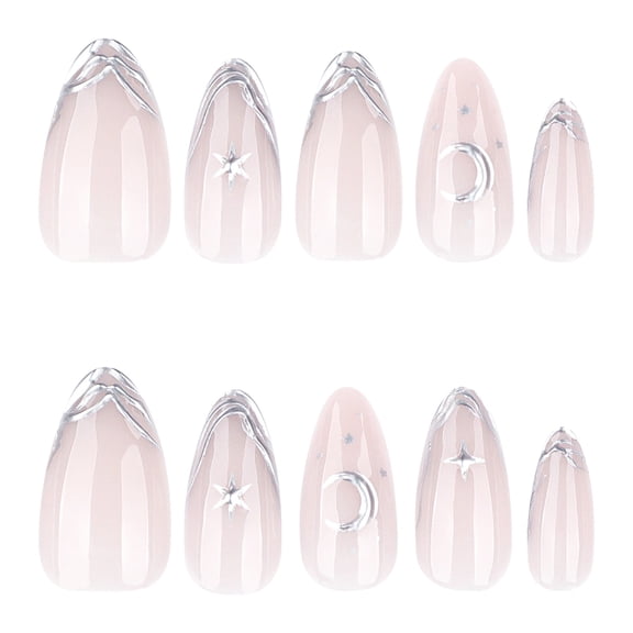 Silver and Light Pink Press on Nails with Star and Moon, Long Stiletto Glossy Artificial Nails, Self-Adhesive, 24 Count