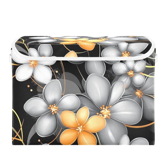 Silver and Orange Flower Large Storage Bins with Linen Collapsible Lid Storage Box 16.7 x 12.6 x 11.8in
