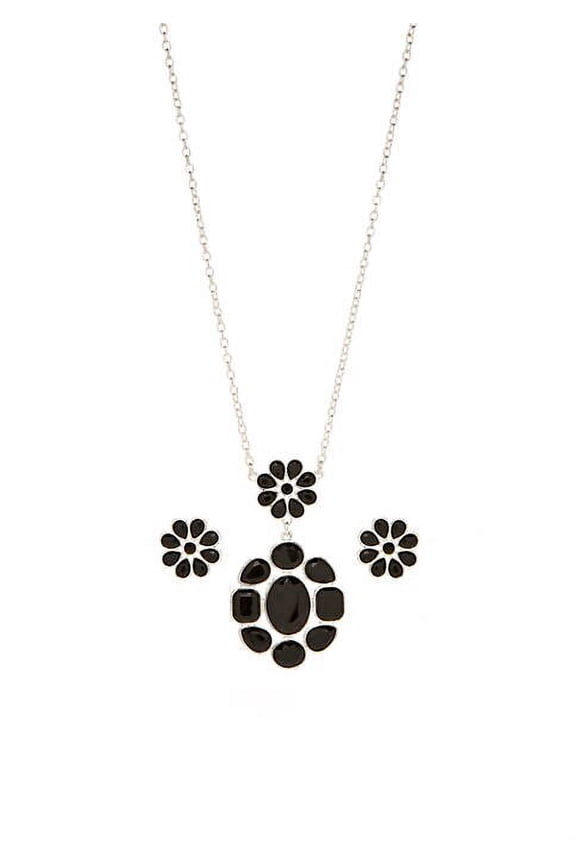 Silver and Black Stone Flower Jewelry Set