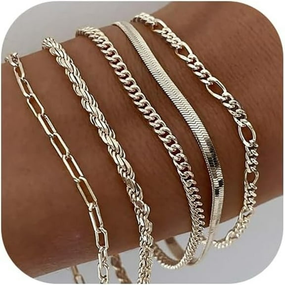 Silver bracelet, fashionable stackable jewelry set, stackable snake chain, Figaro chain, paperclip chain, adjustable bracelet set, women's jewelry.