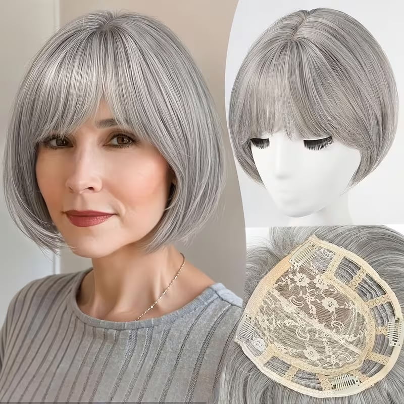 Silver gray women's short bob wig straight hair with bangs synthetic fiber hair piece suitable for thin hair