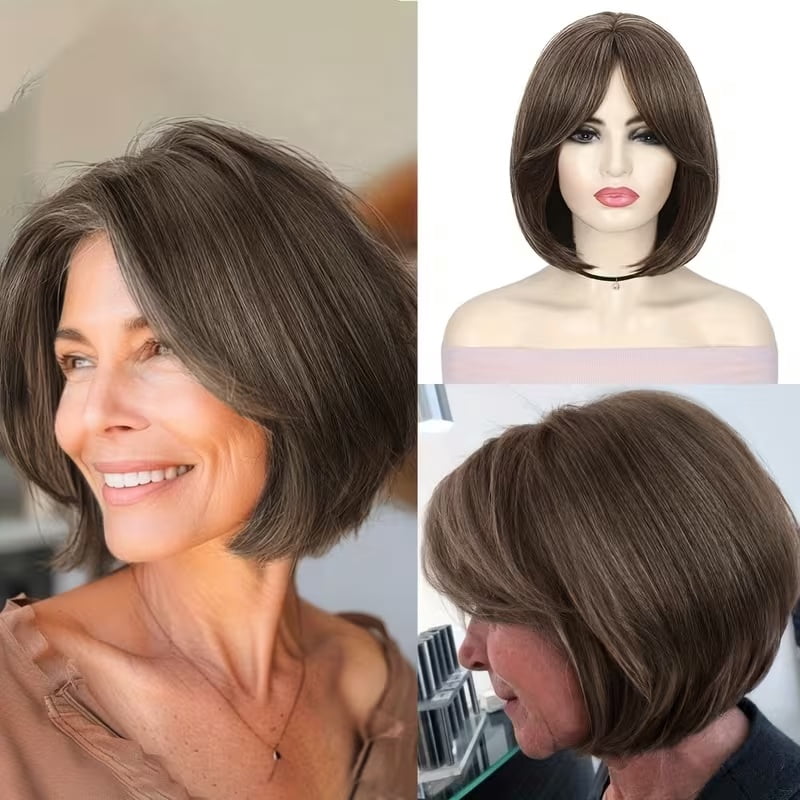 Silver layered wig for women, short straight bob with curtain bangs, suitable for daily parties, gradient color design