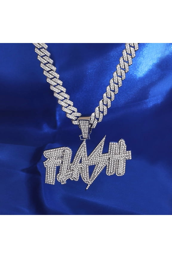 Silver letter lightning symbol pendant diamond-inlaid necklace with a Cuban chain and press-lock clasp – it’s a 2025 new hip-hop style, suitable for daily wear and festivals.