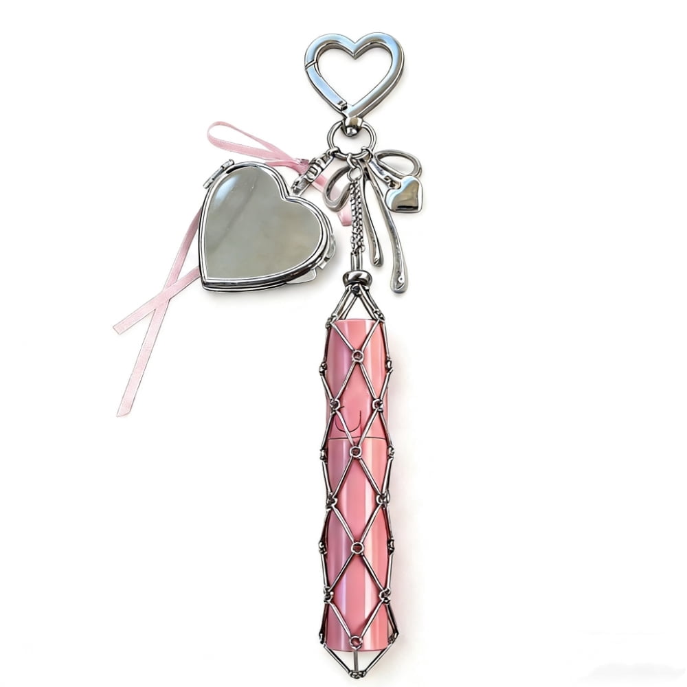 Mesh Keychain Silver mesh keychain in heart shape with double-sided folding makeup ...