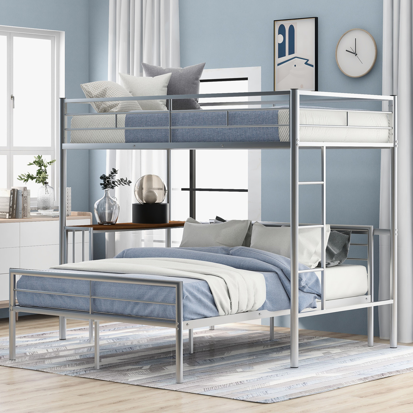 Silver metal bunk bed with desk, welded frame for long - lasting use