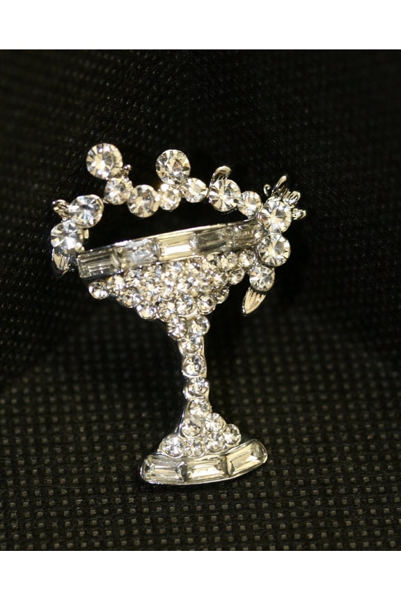 Silver-plated Rhinestone Pell Champagne Glass Brooch Pin