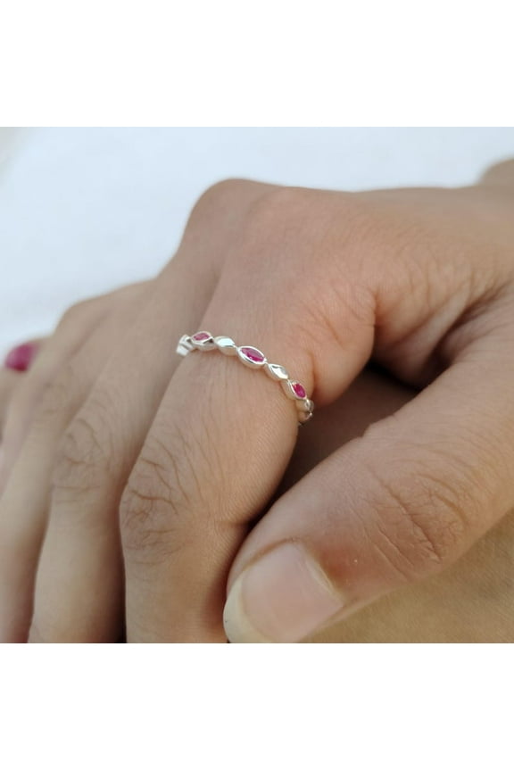 Silver plating Ruby Ring, Dainty Stacking Ring, Marquise Ruby Band, Unique Stackable Ring, Half Eternity Ring, Gift for Women