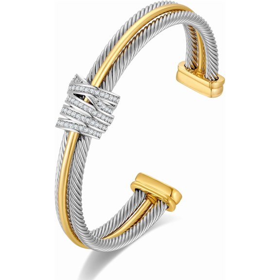Silver plus Gold Bangle for Women, Hypoallergenic Non-Tarnish Bangle with Crystal Accents, Distinguished Twisted Wire Design suitable for Fashion & Gifting[j807]