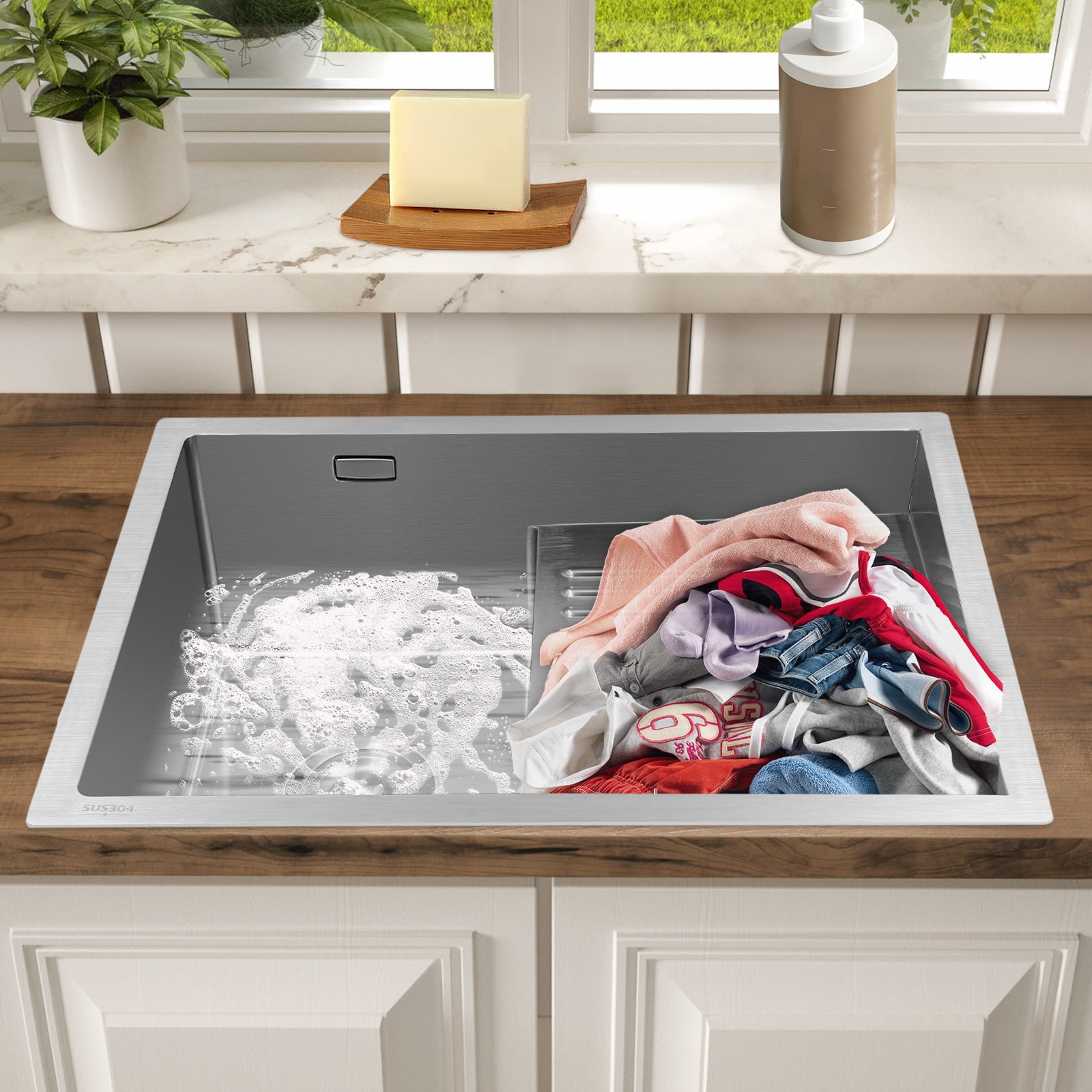 Silver rectangular Stainless Steel Laundry Sink Wash Basin With Washboard Laundry Utility Sink for Bathrooms