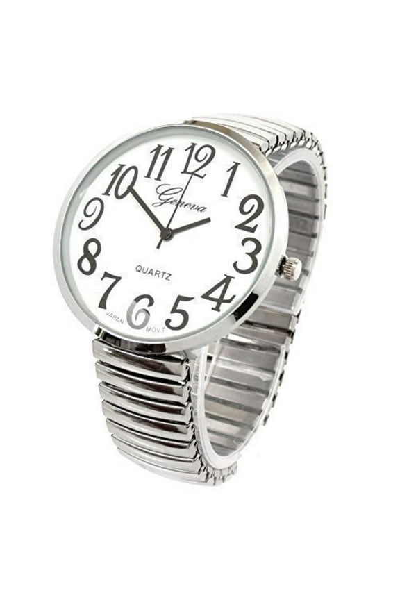 Silver super large face easy to read stretch band watch