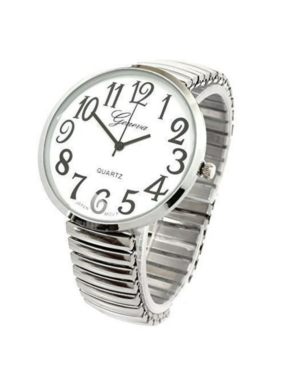 Silver super large face easy to read stretch band watch