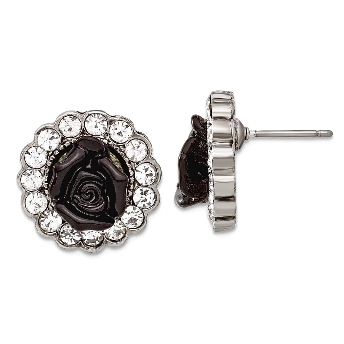Silver-tone Black Flowers and Clear Crystal Post Earrings 17x17mm Wide Stud Earring for Women