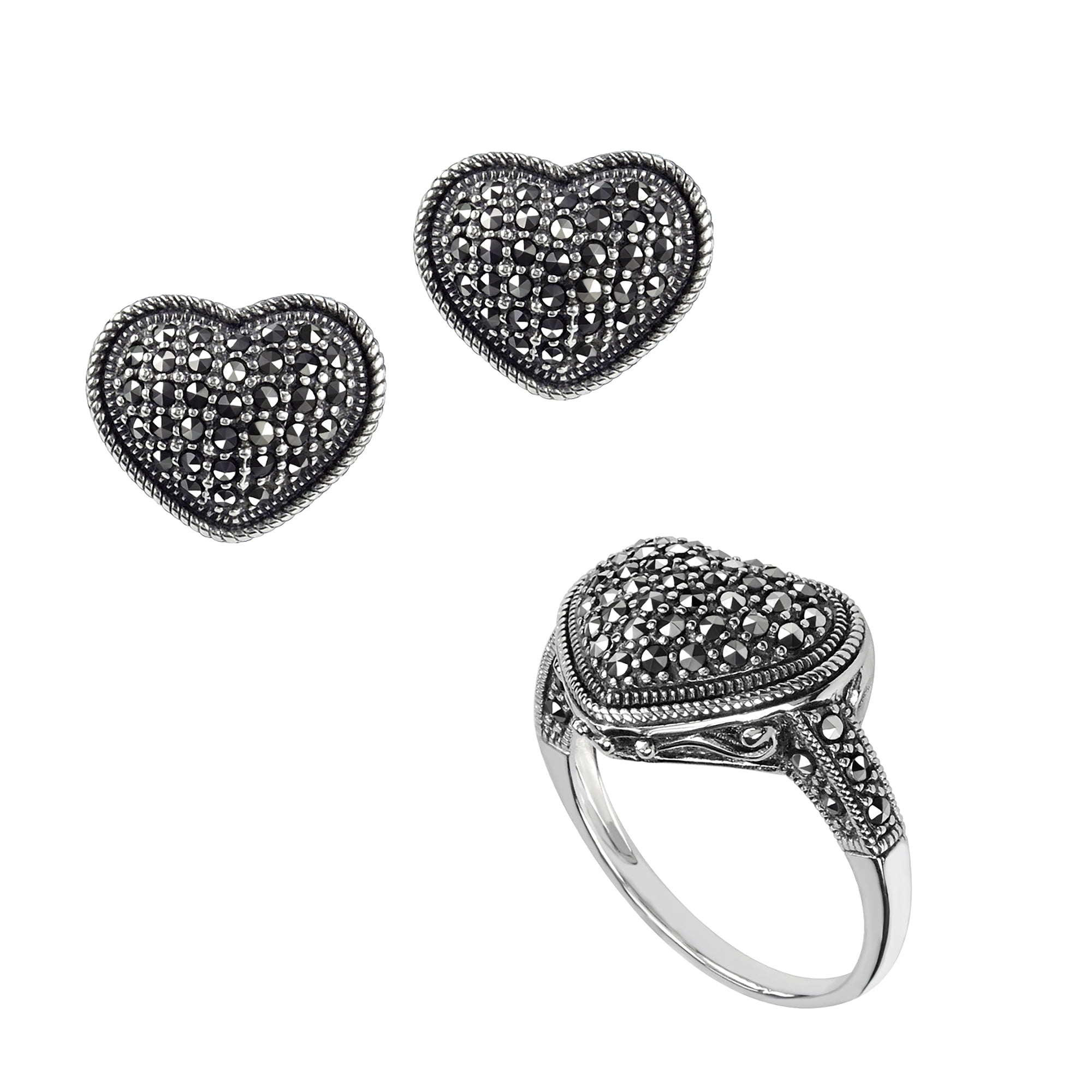 Silver tone Garnet CZ Swarovski asite Heart Earrrings/Ring Set