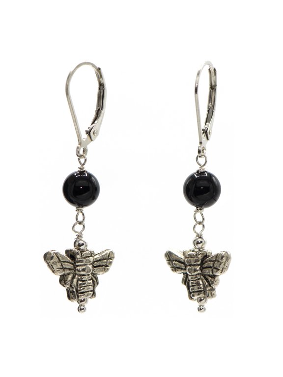 Leverback Bumble Bee Earrings with Black Onyx, for Adults