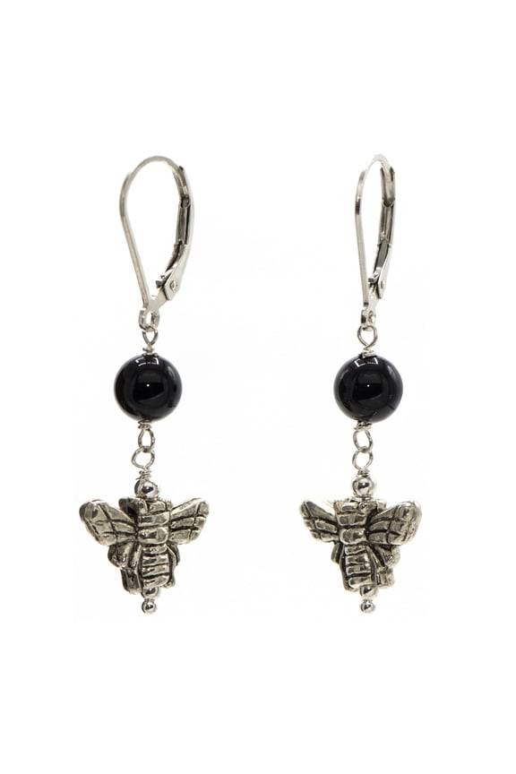 Leverback Bumble Bee Earrings with Black Onyx, for Adults